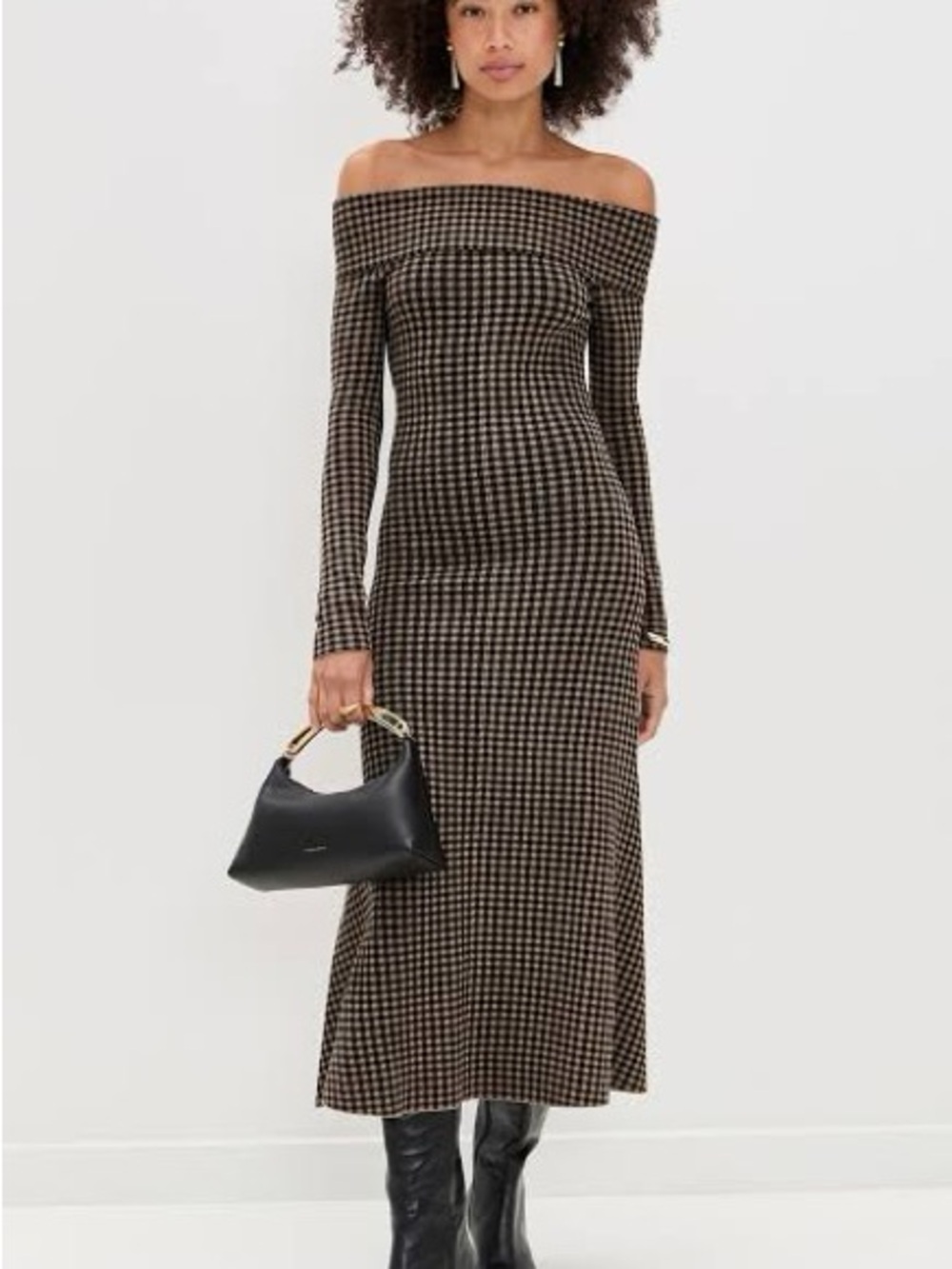 NWT LE BOP Gingham Knit Off Shoulder Dress Size M